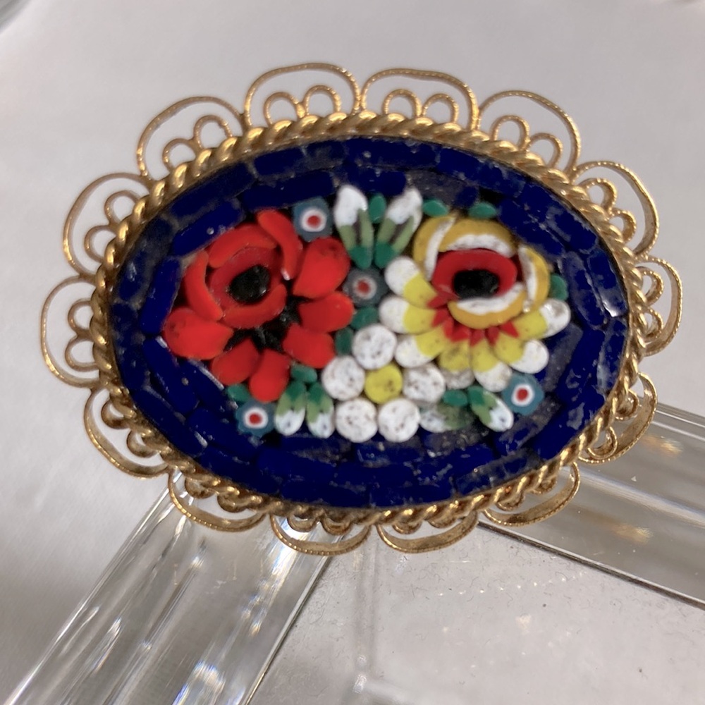Vintage Italian Micro Mosaic Glass Floral Pin Brooch, Gold Filigree, Midcentury